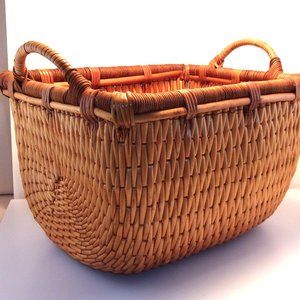 Reed Woven Handled Basket Two Tone Rounded Bottom Excellent Condition